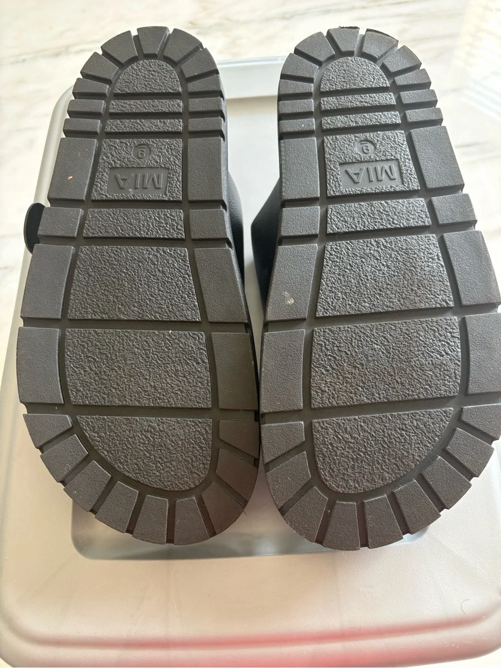MIA Black Slide Sandals with Gold Buckles